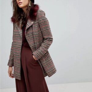 River Island - Red and Black Plaid Pea Coat with Faux Fur Collar